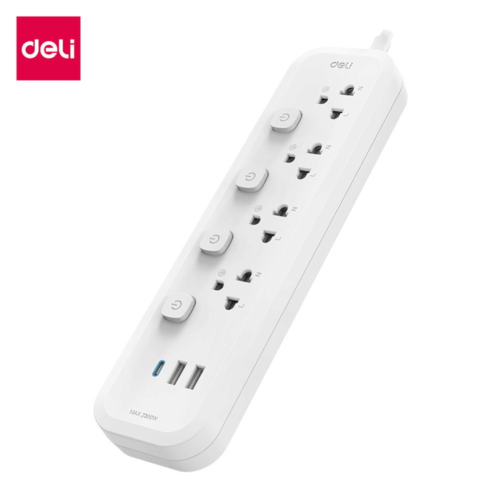 รางปลั๊กไฟ 4ช่อง 2USB 1TYPEC DELI CT495-GR-01 ความยาวสาย 3 เมตร